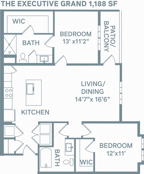 Floor plan for 2 beds, 2 baths, 1188 sqft
